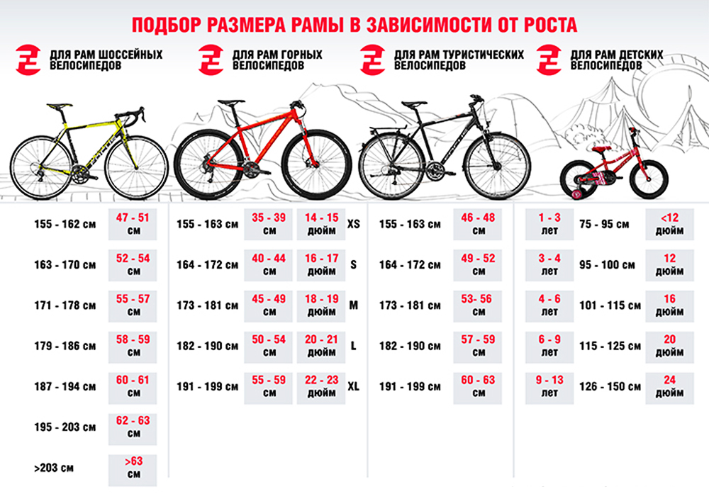 Подбор размера рамы велосипеда в зависимости от роста